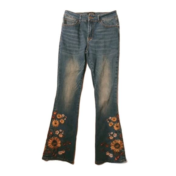 Vntg Embroidered Flare Jeans Sz 9 Blue Sunflower Daisy Acid Boho Festival Gypsy - Picture 1 of 16